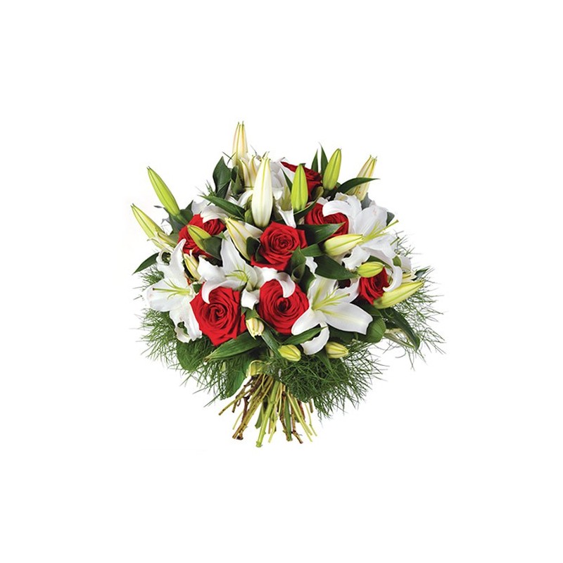 Bouquet de fleurs rond avec des roses rouges et des lys blancs