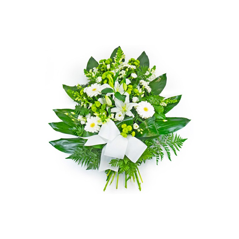 Gerbe de fleurs deuil sur des tons blanc et avec un ruban blanc